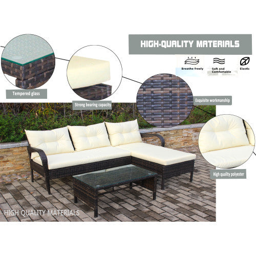 Outdoor Patio Furniture Sets 3 Piece Conversation Set Wicker Ratten Sectional Sofa With Seat CushionsBeige Cushion